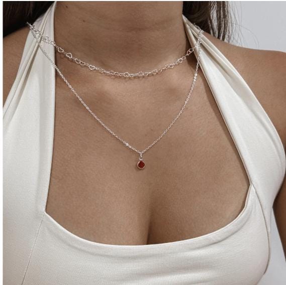 Colar Duplo Corações Vazados + Pedra Rosa